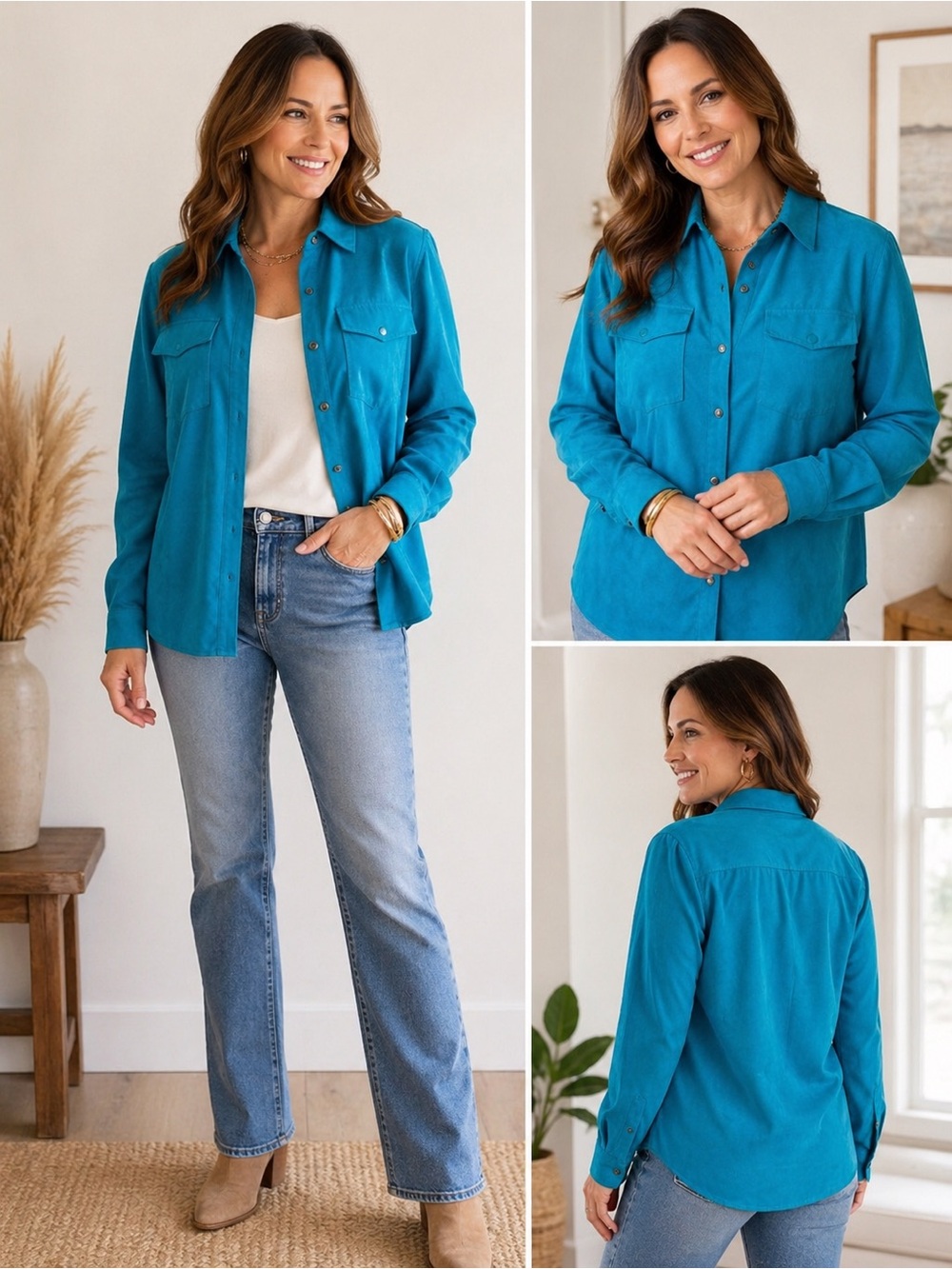 Chico’s Turquoise Faux Suede Shirt Jacket Snap Front Long Sleeve Size 1 *